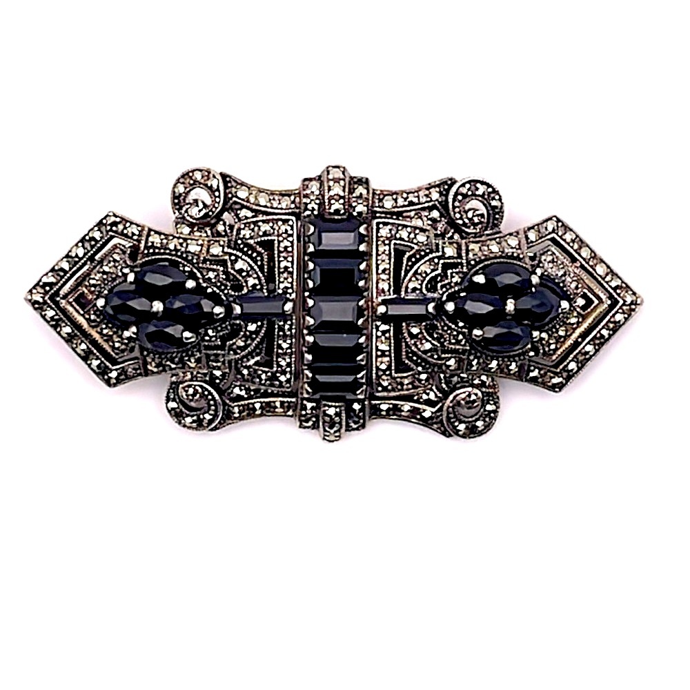 Vintage Art Deco Convertible Sterling Brooch Duette Dress Clip Set Black Crystal